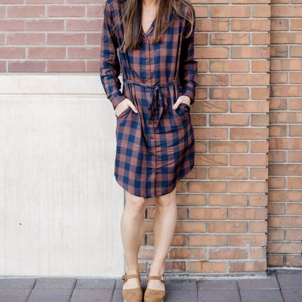 Bridge Burn Emery Gingham Plaid Shirt Dress Brown Navy Blue Size XS - Picture 1 of 7